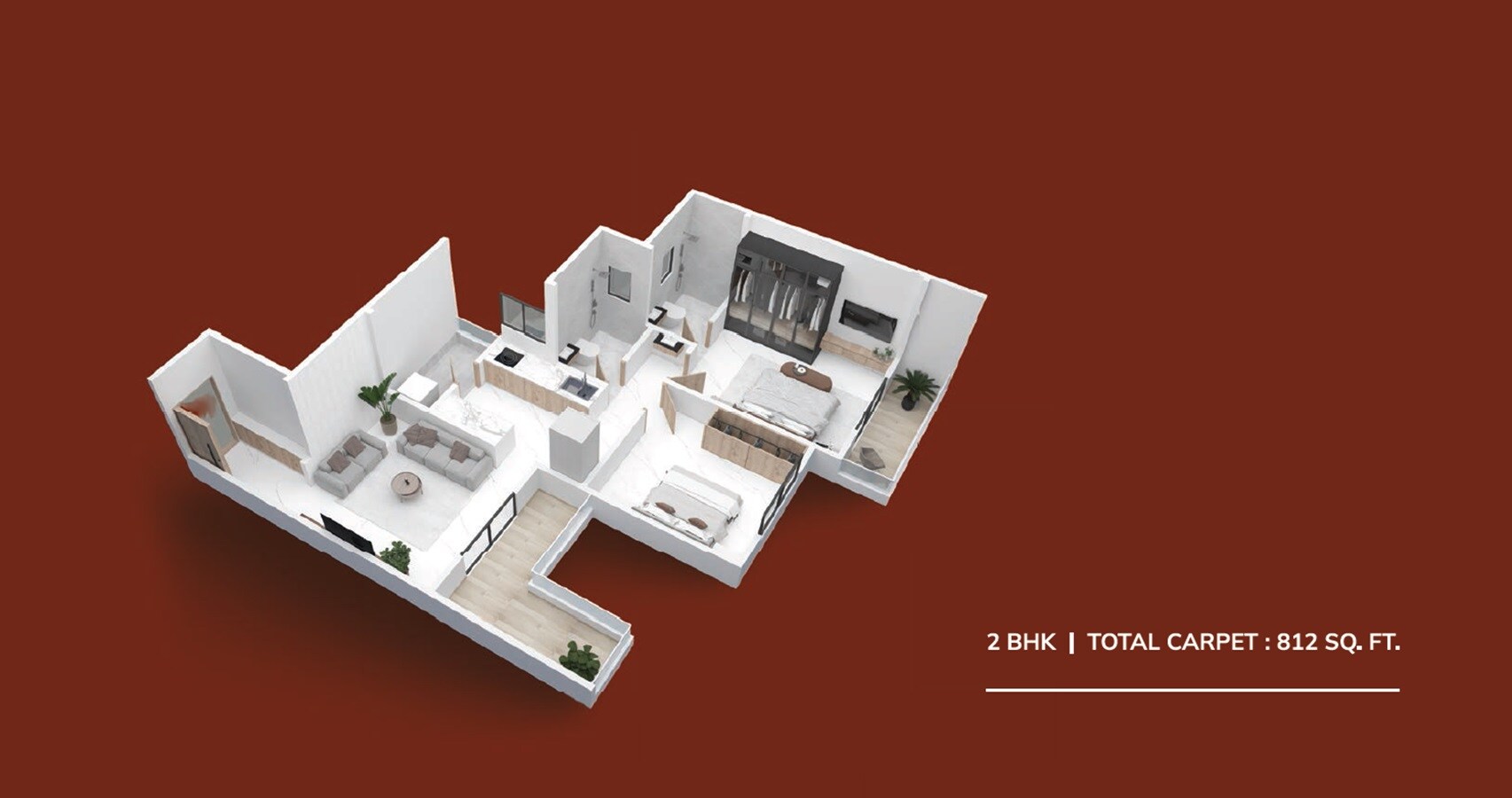Floor plan of 2 BHK 812 Sq. Ft. Apartment in MS Shree Aarti, Pune
