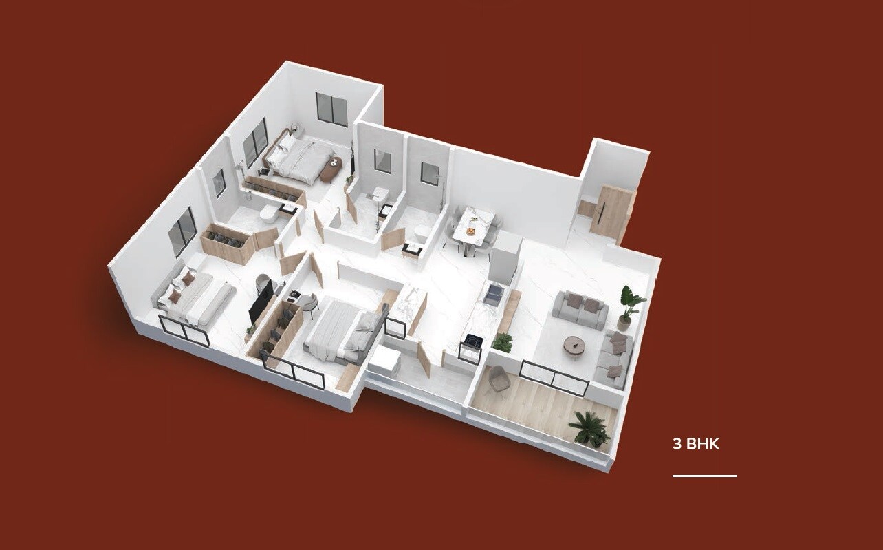 Floor plan of 3 BHK 1042 Sq. Ft. Apartment in MS Shree Aarti, Pune