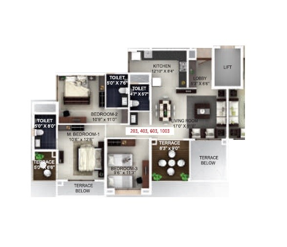 Floor plan of 3 BHK 986 Sq. Ft. Apartment in MSR Seasons, Pune