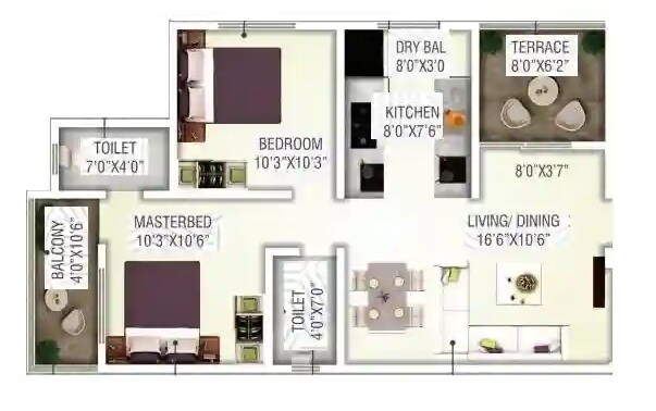 Floor plan of 2 BHK 575 Sq. Ft. Apartment in Muktangan Shailyam, Pune