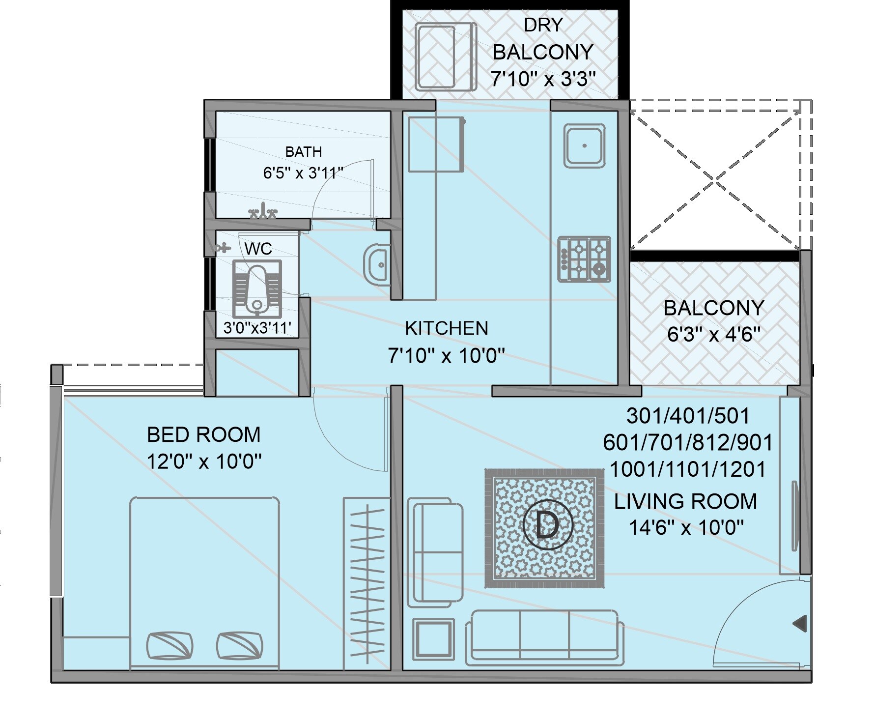 Floor plan of 1 BHK 517 Sq. Ft. Apartment in Mungase Towers, Pune