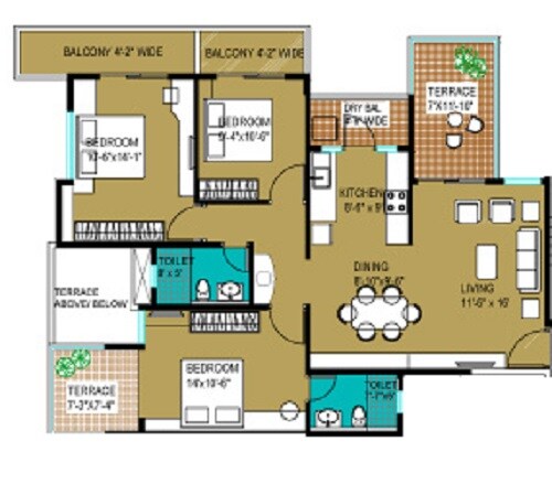 Floor plan of 3 BHK 905 Sq. Ft. Apartment in Nabar Shankar Heights, Pune