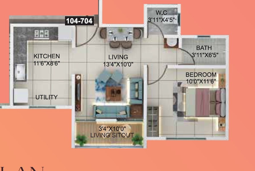 Floor plan of 1 BHK 471 Sq. Ft. Apartment in Nageshwar Solitaire Empire, Pune
