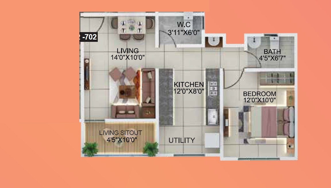Floor plan of 1 BHK 535 Sq. Ft. Apartment in Nageshwar Solitaire Empire, Pune
