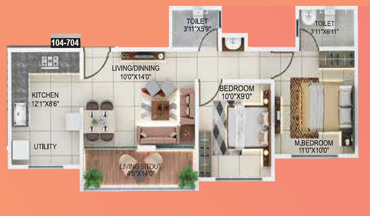 Floor plan of 2 BHK 616 Sq. Ft. Apartment in Nageshwar Solitaire Empire, Pune