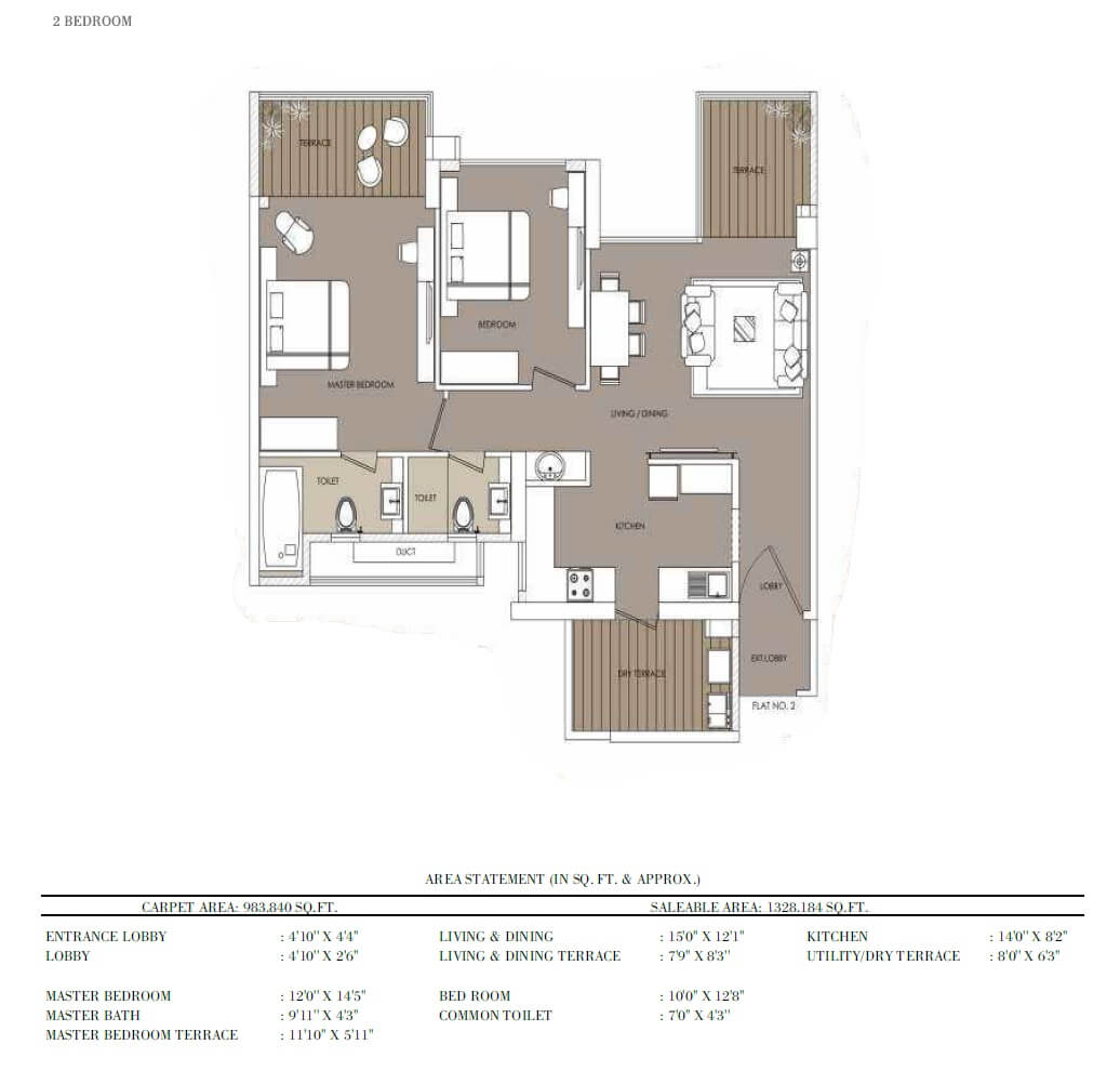 Floor plan of 2 BHK 983 Sq. Ft. Apartment in Nahar F Residences, Pune