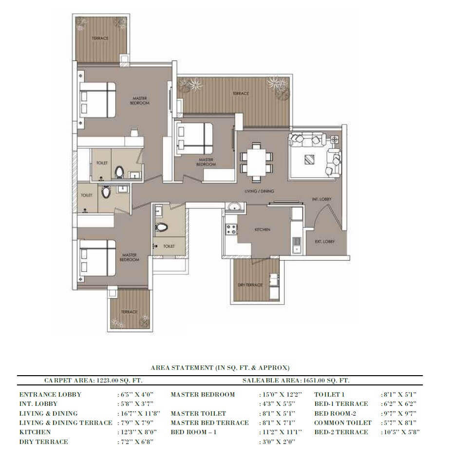 Floor plan of 3 BHK 1223 Sq. Ft. Apartment in Nahar F Residences, Pune