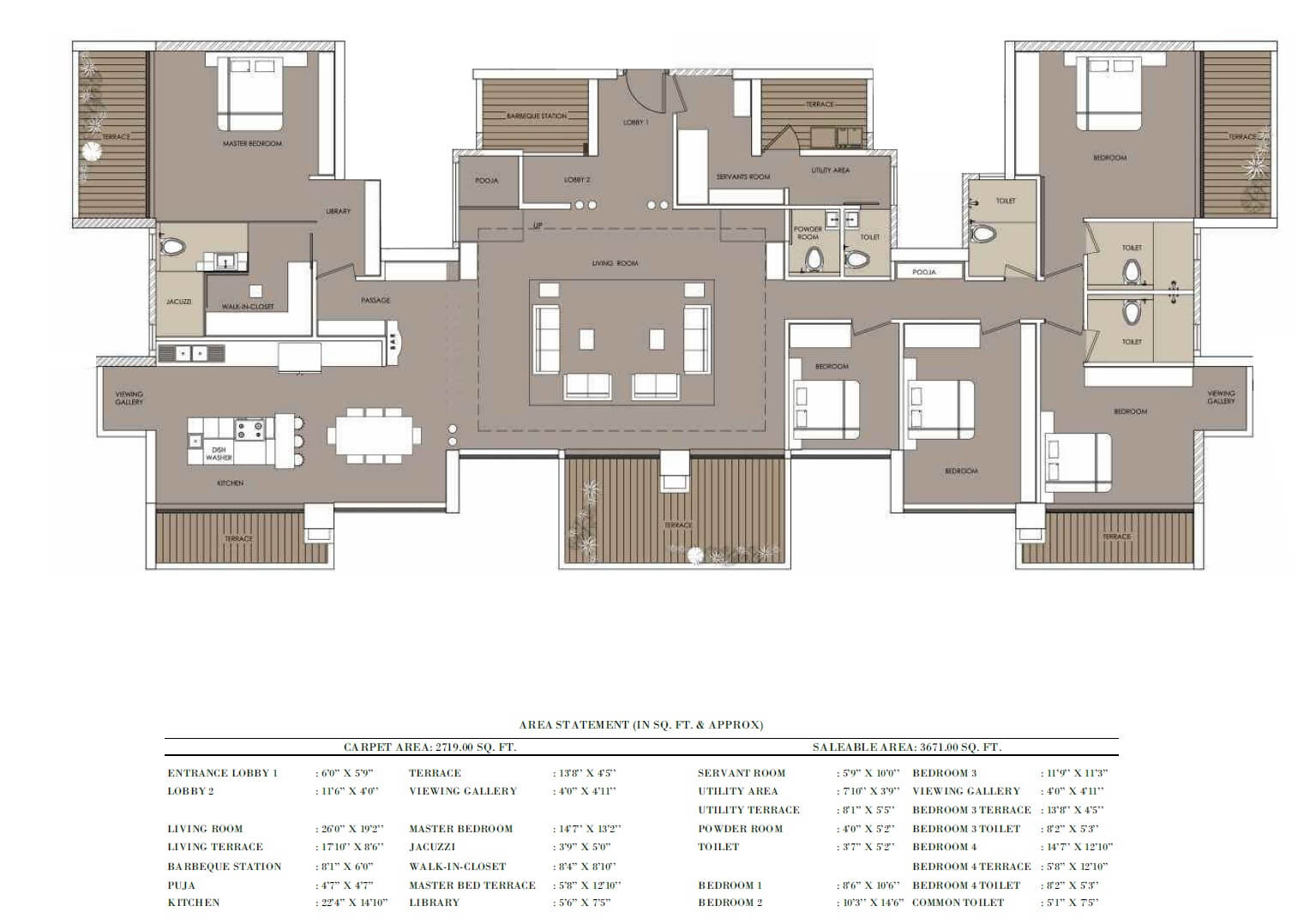 Floor plan of 5 BHK 2719 Sq. Ft. Apartment in Nahar F Residences, Pune