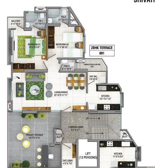 Floor plan of 2 BHK 1062 Sq. Ft. Apartment in Naiknavare Shivatman, Pune