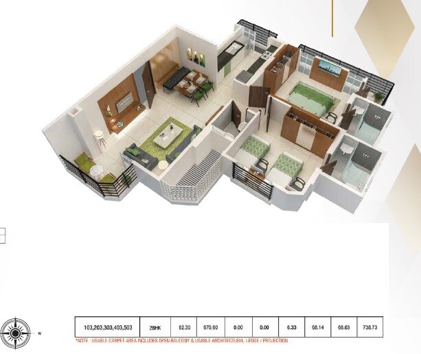 Floor plan of 2 BHK 739 Sq. Ft. Apartment in Naiknavare Shivatman, Pune