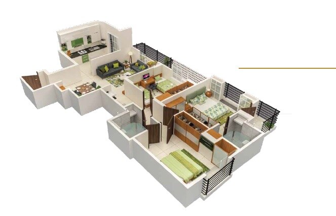 Floor plan of 3 BHK 1136 Sq. Ft. Apartment in Naiknavare Shivatman, Pune