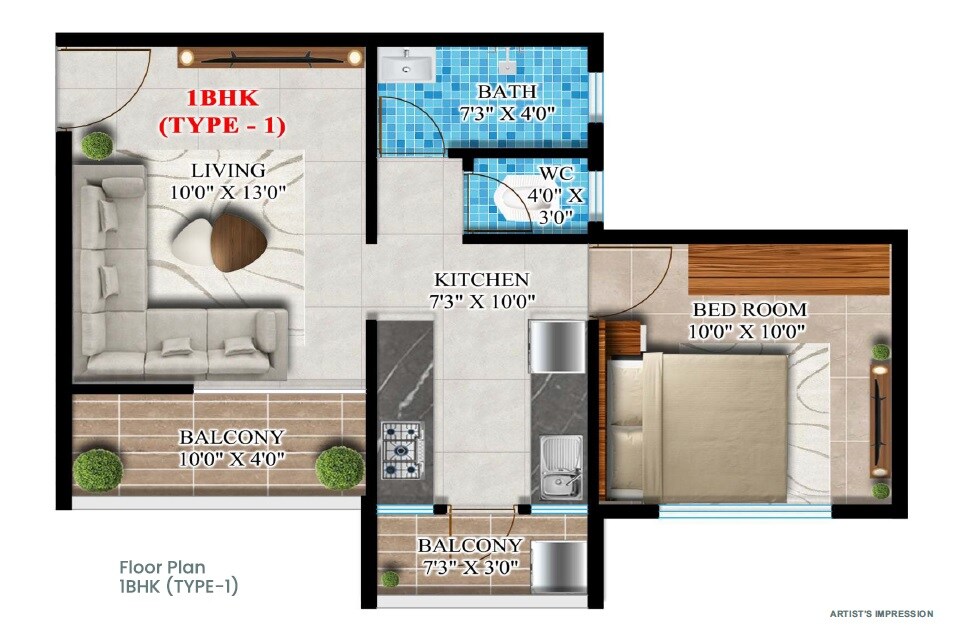 Floor plan of 1 BHK 364 Sq. Ft. Apartment in Nakoda Castle Gate, Pune