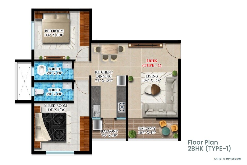 Floor plan of 2 BHK 686 Sq. Ft. Apartment in Nakoda Castle Gate, Pune
