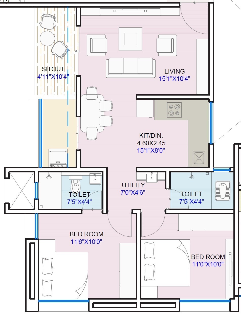 Floor plan of 2 BHK 699 Sq. Ft. Apartment in Nakshatra I Land, Pune