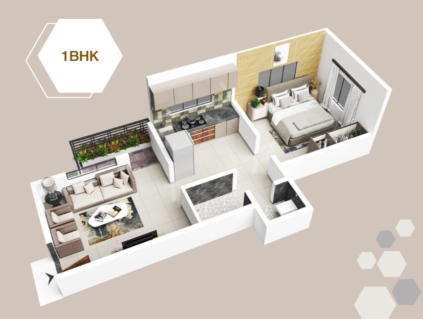 Floor plan of 1 BHK 400 Sq. Ft. Apartment in Nakshatra Madhukunj, Pune