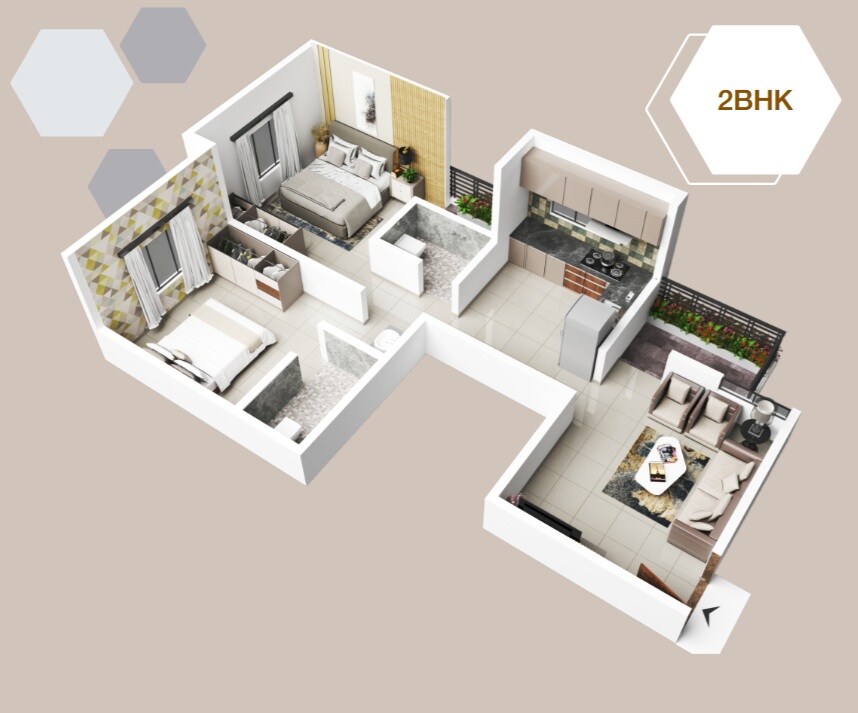 Floor plan of 2 BHK 615 Sq. Ft. Apartment in Nakshatra Madhukunj, Pune