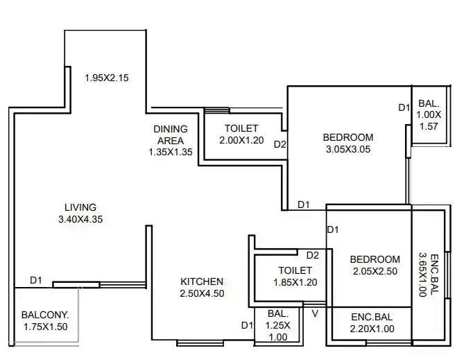 Floor plan of 2 BHK Apartment - 634 sq. ft. in Nakshatra Residency, Pune