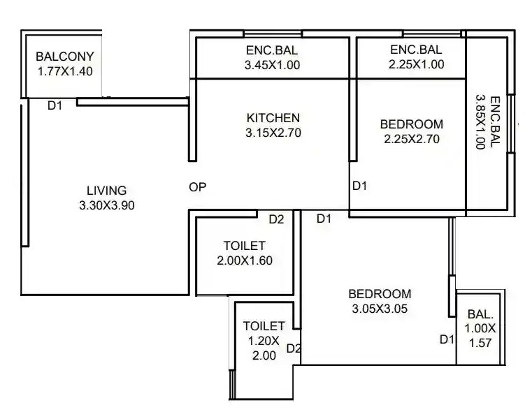 Floor plan of 2 BHK Apartment - 744 sq. ft. in Nakshatra Residency, Pune