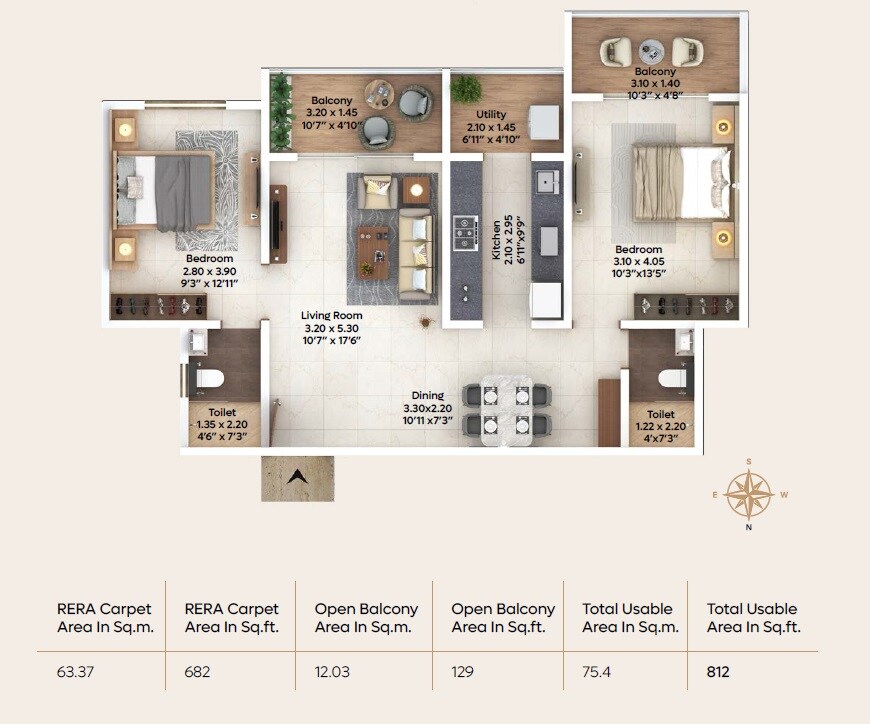 Floor plan of 2 BHK 812 Sq. Ft. Apartment in Naman Eshaan, Pune