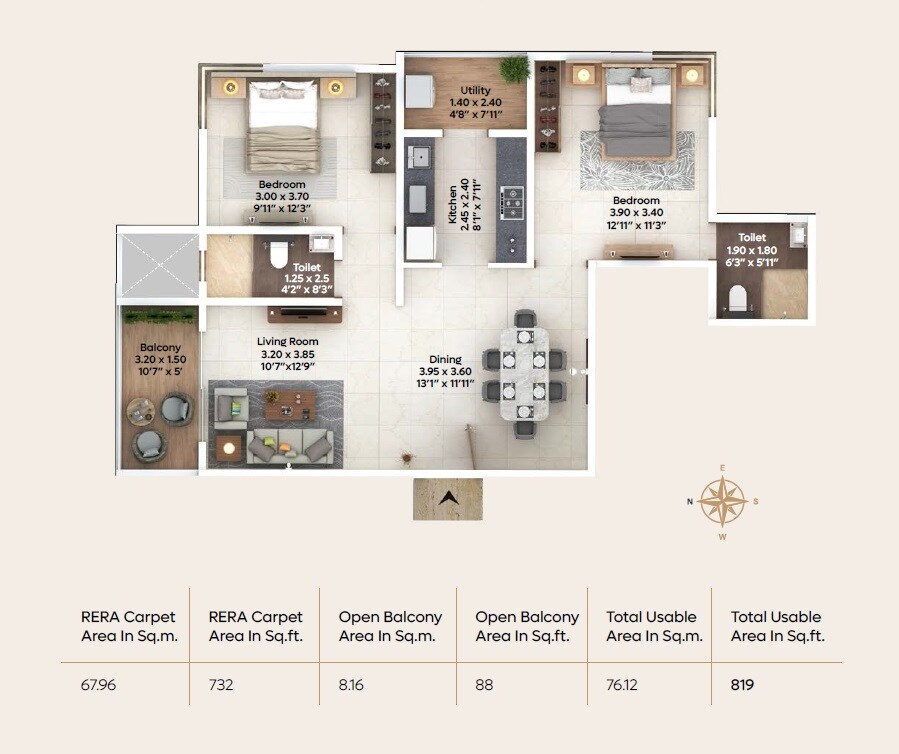 Floor plan of 2 BHK 819 Sq. Ft. Apartment in Naman Eshaan, Pune