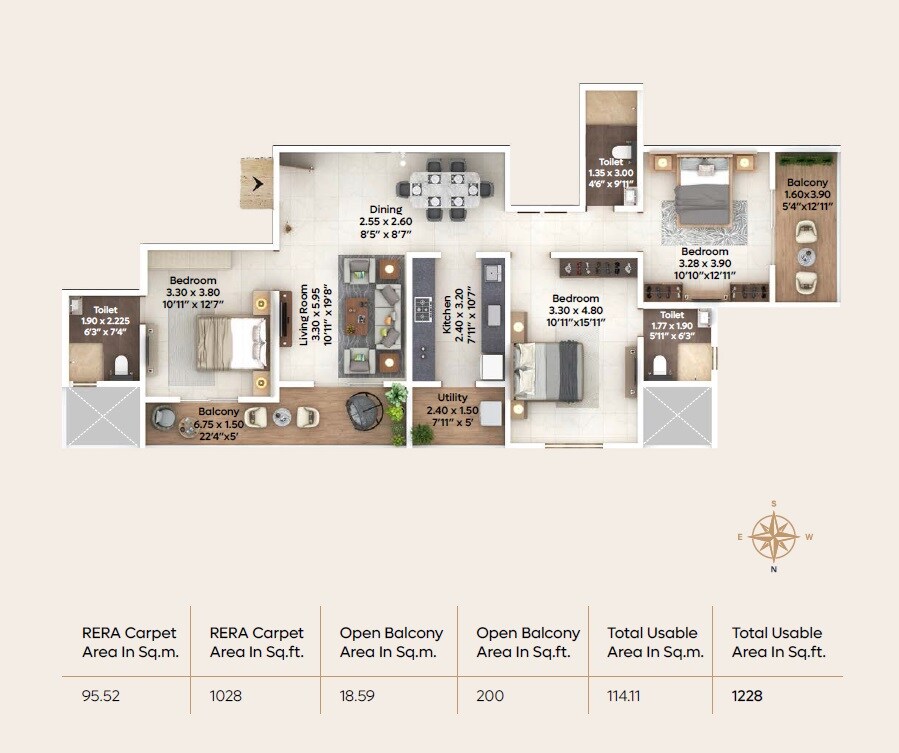 Floor plan of 3 BHK 1228 Sq. Ft. Apartment in Naman Eshaan, Pune