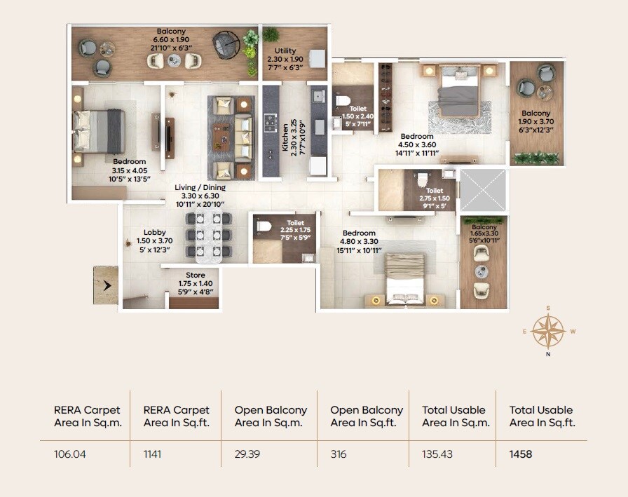 Floor plan of 3 BHK 1458 Sq. Ft. Apartment in Naman Eshaan, Pune