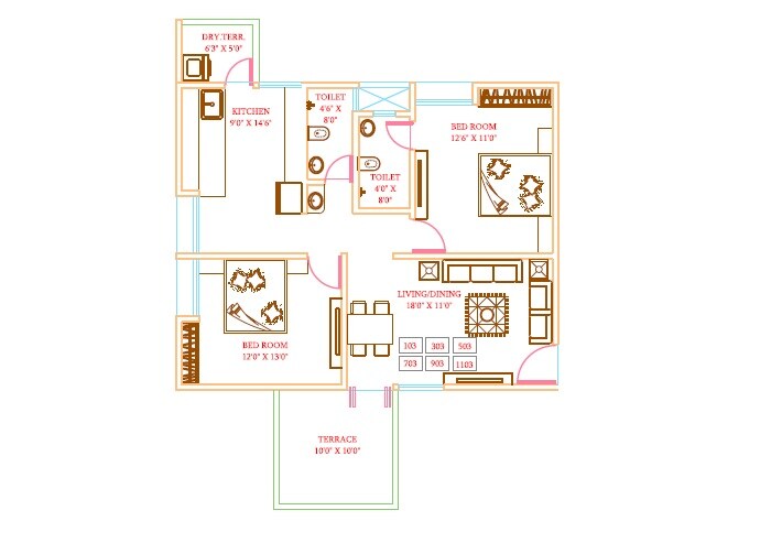 Floor plan of 2 BHK 755 Sq. Ft. Apartment in Naman Galaxy, Pune
