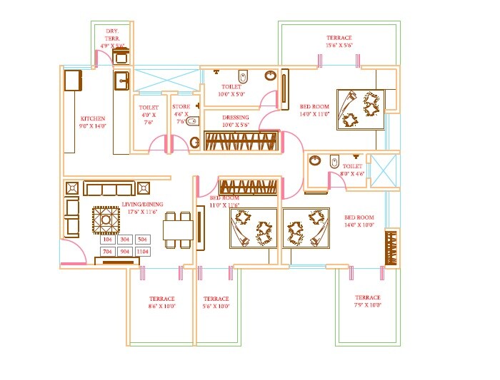 Floor plan of 3 BHK 1067 Sq. Ft. Apartment in Naman Galaxy, Pune