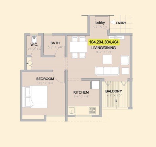 Floor plan of 2 BHK 625 Sq. Ft. Apartment in Namrata Aikonic 2, Pune