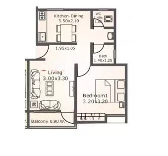 Floor plan of 1 BHK 373 Sq. Ft. Apartment in Namrata Eco Valley Plus, Pune