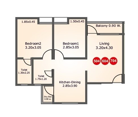 Floor plan of 2 BHK 474 Sq. Ft. Apartment in Namrata Eco Valley Plus, Pune