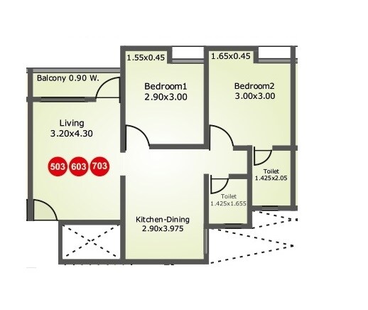 Floor plan of 2 BHK 543 Sq. Ft. Apartment in Namrata Eco Valley Plus, Pune
