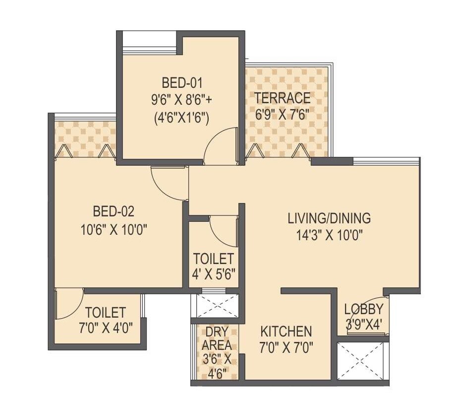 Floor plan of 2 BHK 400 Sq. Ft. Apartment in Namrata Happycity Jijamata Chowk, Pune