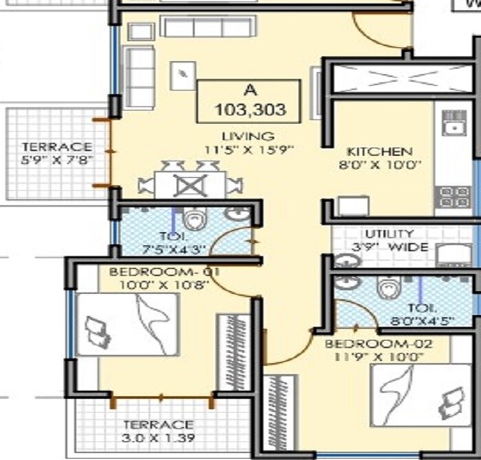 Floor plan of 2 BHK 641 Sq. Ft. Apartment in Namrata Shrinagari, Pune