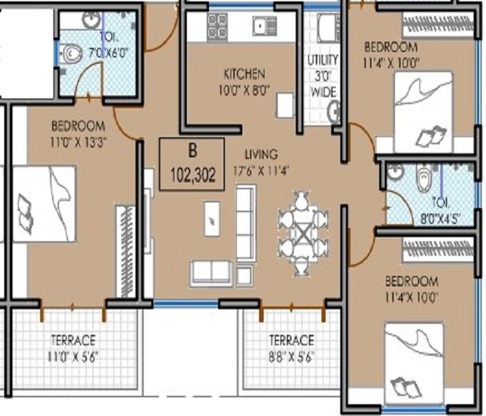 Floor plan of 3 BHK 804 Sq. Ft. Apartment in Namrata Shrinagari, Pune