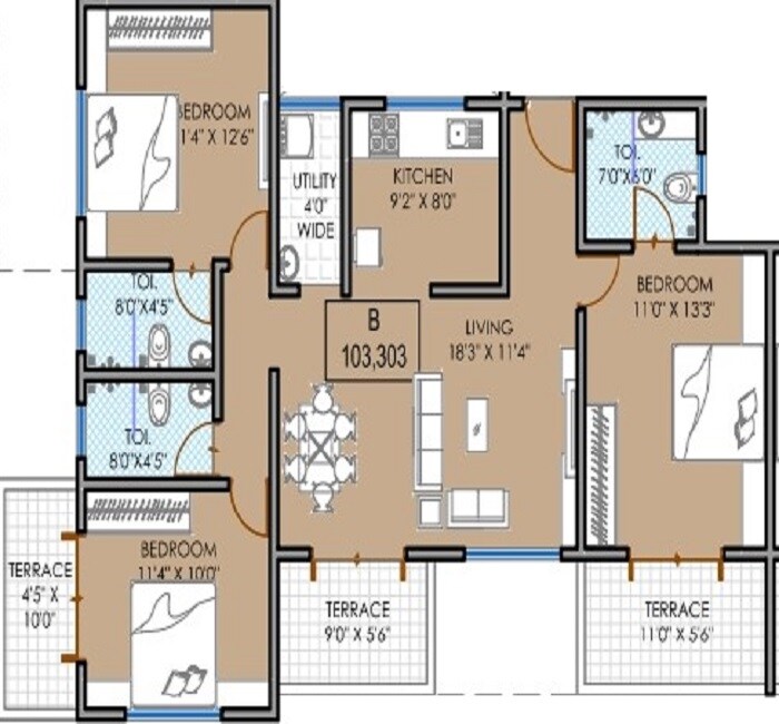 Floor plan of 3 BHK 838 Sq. Ft. Apartment in Namrata Shrinagari, Pune