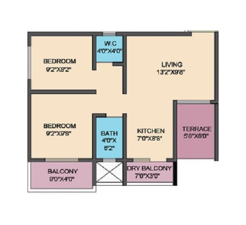 Floor plan of 2 BHK 476 Sq. Ft. Apartment in Namrata Slim Tower, Pune