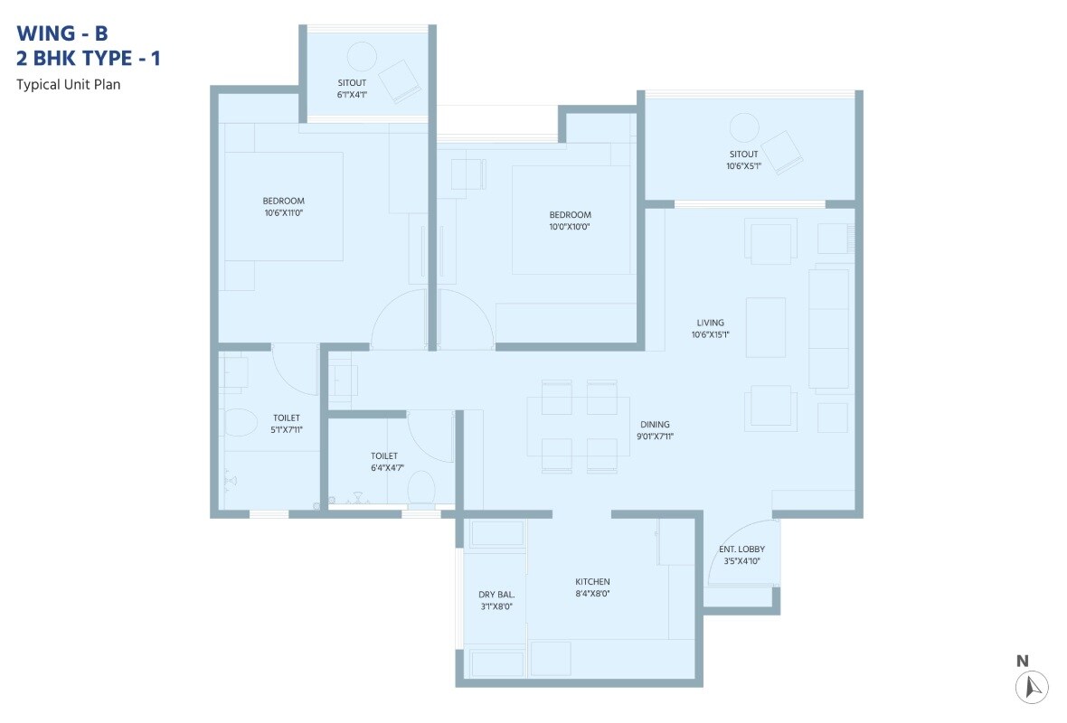 Floor plan of 2 BHK 655 Sq. Ft. Apartment in Namrata Vasudha, Pune