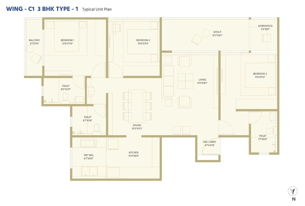 3 BHK 1005 Sq. Ft. Apartment