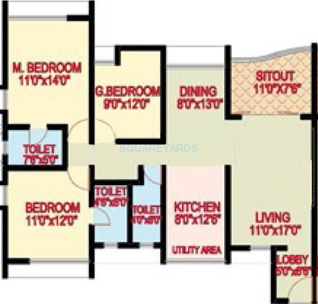 Floor plan of 3 BHK 1353 Sq. Ft. Apartment in Nanded City Asawari, Pune