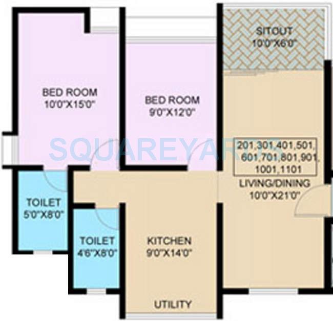 Floor plan of 2 BHK 890 Sq. Ft. Apartment in Nanded City Madhuvanti, Pune