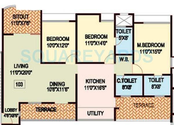 Floor plan of 3 BHK 1110 Sq. Ft. Apartment in Nanded City Shubh Kalyan, Pune