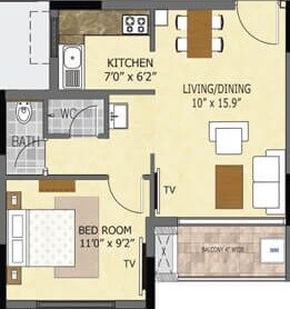 Floor plan of 1 BHK 575 Sq. Ft. Apartment in Nanded Mangal Bhairav, Pune