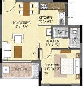 Floor plan of 1 BHK 585 Sq. Ft. Apartment in Nanded Mangal Bhairav, Pune