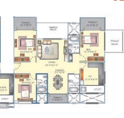Floor plan of 3 BHK 1069 Sq. Ft. Apartment in Nandgude Patil Sulochana City Phase I, Pune