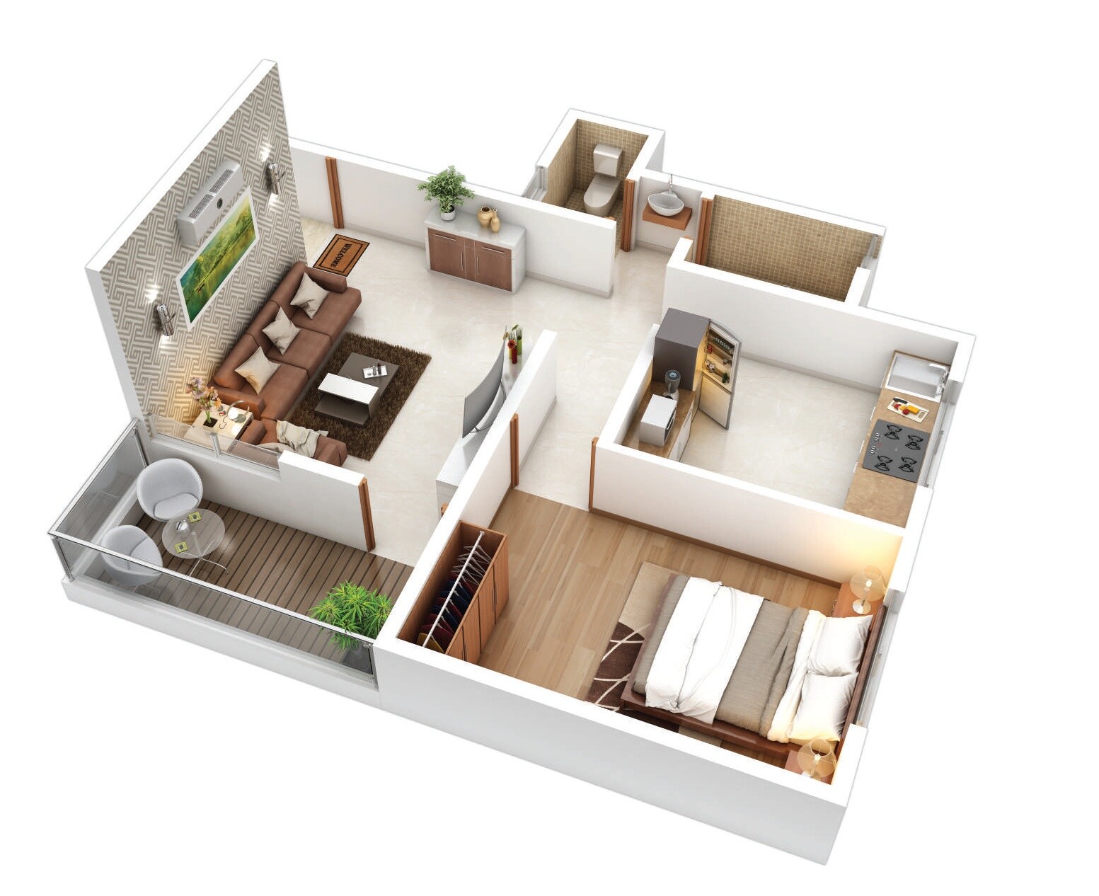 Floor plan of 1 BHK 485 Sq. Ft. Apartment in Narayan Vrundavan Kunal, Pune