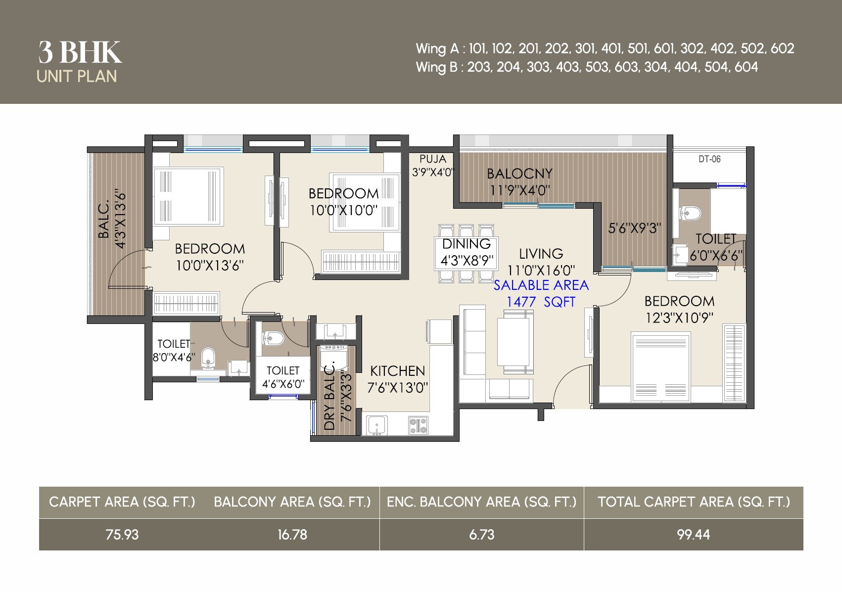 Floor plan of 3 BHK 1070 Sq. Ft. Apartment in Nath Prime Space, Pune