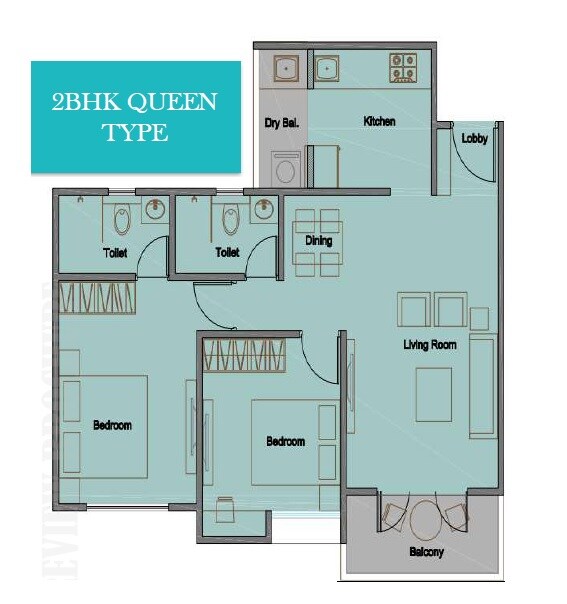 Floor plan of 2 BHK 735 Sq. Ft. Apartment in Navalakha Kings And Queens, Pune