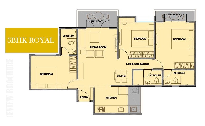 Floor plan of 3 BHK 1000 Sq. Ft. Apartment in Navalakha Kings And Queens, Pune