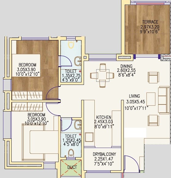 Floor plan of 2 BHK 615 Sq. Ft. Apartment in Navalakha Ritz, Pune
